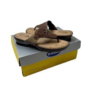 New Dr. Scholls Brown Leather Floral Thong Flip Flop Sandals womens 5.5